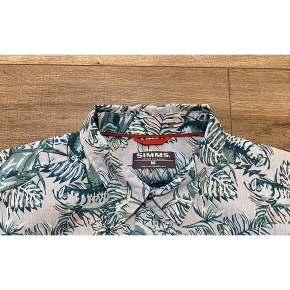 Simms Tailout Mens M Button Up Short Sleeve Fish Print Fishing Hawaiian Shirt - Picture 3 of 8